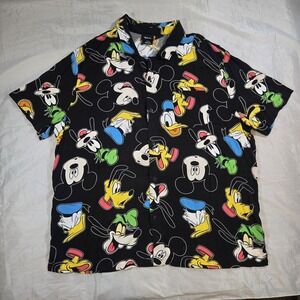 Disney Mickey Mouse Donald Duck Goofy Pluto Hawaiian Camp Shirt Rayon Black 3XL